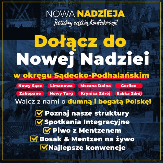 Dołącz do Nowa Nadzieja w okręgu 14 (Gorlice, Nowy Sącz, Limanowa, Nowy Targ, Za...
