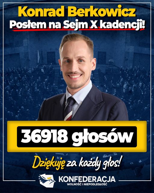 Konrad Berkowicz: Dziękuję za za każdy z 36 918 głosów oddanych na mnie! 
To  63...