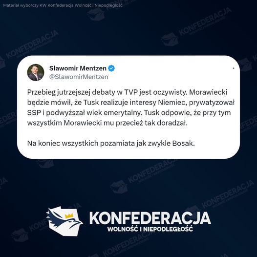 Sławomir Mentzen: Przebieg jutrzejszej debaty w TVP jest oczywisty. Morawiecki b...