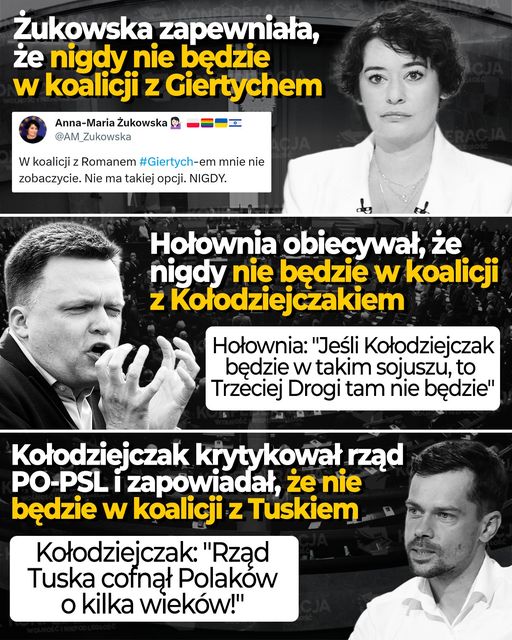 Żukowska z Lewicy zapewniała, że nigdy nie będzie w koalicji z Giertychem.
Hołow...